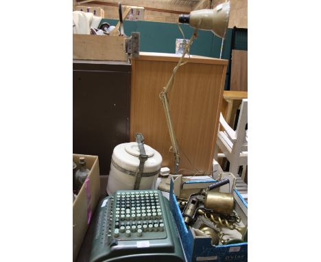 Vintage Sumbak Calculator, Herbert Terry Lamp and Clay Spinner Pot