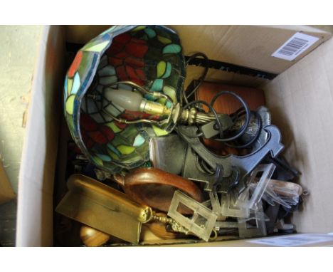 Box of mixed items including Tiffany style lamp