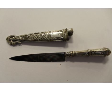 White metal handled dagger and scabbard, scabbard marked AE &amp; Co