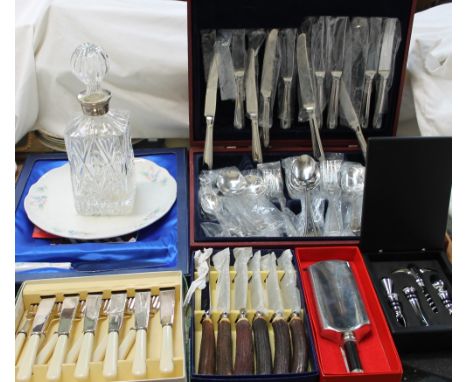 An electroplated Viners cased part flatware service together with a decanter, cricket bat shaped hip flask, knife sets etc