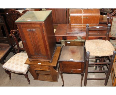 An onyx and brass standard lamp together with an oak pot cupboard, an oak side table, a mahogany sewing table, an oak sewing 