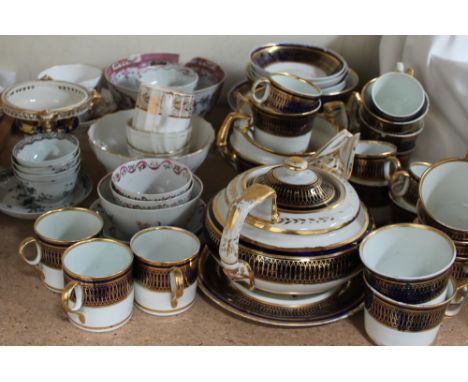 A Derby blue and gilt decorated part tea and coffee set together with Derby teabowl, other tea bowls and saucers etc