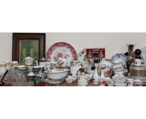 A floral decorated bone china part tea, dinner and coffee set, together with a Minton gilt decorated part tea service, print,