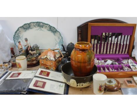 An electroplated Kings pattern part flatware service, cased, together with a Japanese part tea set, Ewenny pottery vase, baro