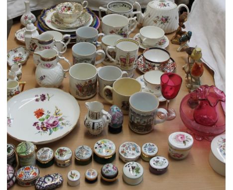 Goebel birds together with a cranberry glass jug and basin, assorted enamel and porcelain boxes and covers, Coalport graduate