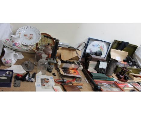 A monocular microscope, together with a Taylor multimeter, wristwatches, a club, compass, camera, first day covers, pipes, cu