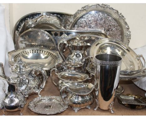 A four piece electroplated part tea service with electroplated trays, swing handled baskets etc