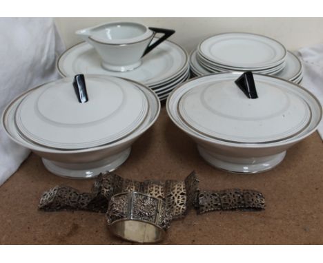 A Shelley part dinner service with geometric handles and silver line decoration, pattern no. U12291, together with an electro