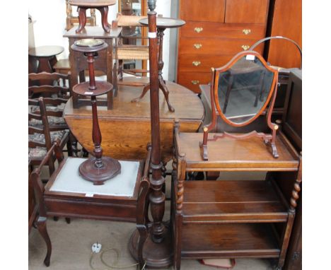 A piano stool together with an ashtray stand, an oak standard lamp, oak tea trolley and an Edwardian shield shaped toilet mir