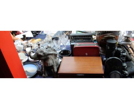 Assorted flatwares together with a Pentax camera, radios, a Marantz amplifier, copper coal scuttle, drinking glasses, elephan