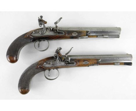 with twist sighted octagonal barrels stamped London, brass fore-sight, gold lined touch-hole, tangs with back-sight engraved 