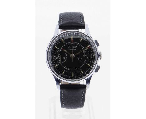 Cal. 3017, 19-Jewel manual wind chronograph movement, black dial with applied steel luminous hour markers, subsid. dials for 