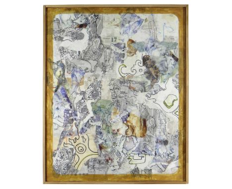 many paper remnants applied to board including tattoo designs and other drawings, recovered from the artist’s New Orleans stu