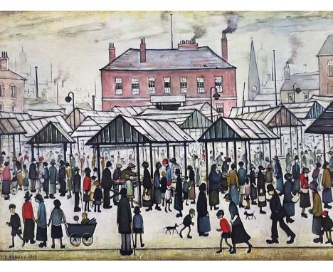 titled to border ‘Market Scene in a Northern Town’, dated 1973, published by Patrick Seale Prints Ltd, London, embossed stamp