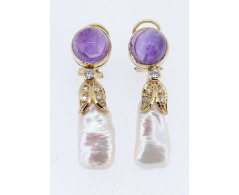 the circular cabochon amethysts above the pearl and diamond accented drops, 12.1gms gross (2)Provenance: private collection C
