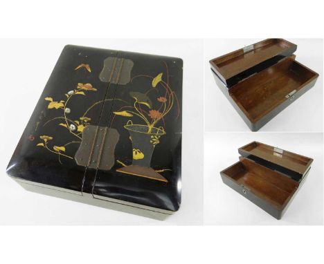 double hinged top decorated with vase of lotus stems, additional mother of pearl inlays, nashiji interiors, signed23 x 27cmsP