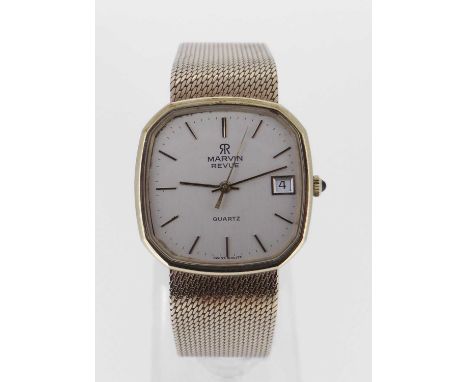quartz movement, block batons, centre seconds, date aperture having integrated 9ct gold bracelet, 55.3gms in Marvin Revue box