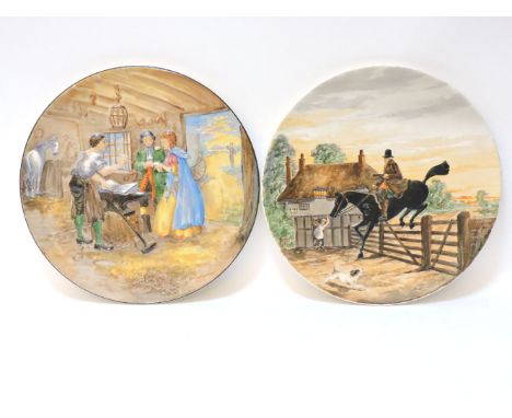 A Burleigh ware moulded pottery charger, painted by Will Adams, titled Gretna Green, 40.5cm diameter, and another depicting a