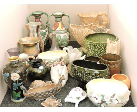 An assortment of Sylvac vases and bowls, Wade and Poole animals, an assortment of jugs and vases, and a Royal Brierley Art gl