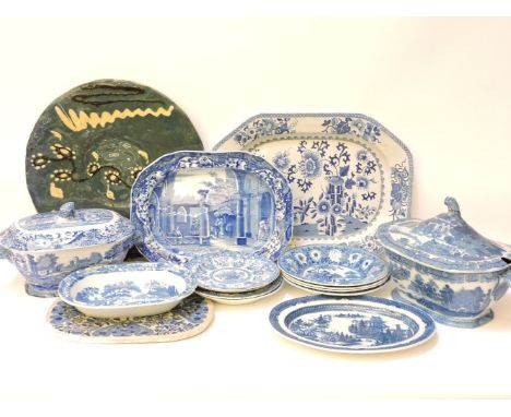 Two blue and white lidded tureens, Spode, Copeland, Arundel pattern teawares, two meat dishes, and various plates