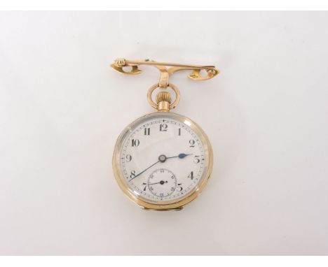 A 9ct gold ladies fob watch, with white enamel dial and secondary seconds dial, with engraved monogram to reverse with scroll