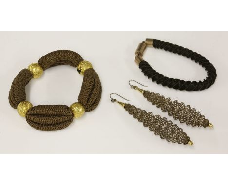 A pair of Victorian, light brown, woven hair, crimped pippin drop earrings,  HBto plain gold caps with replacement base metal