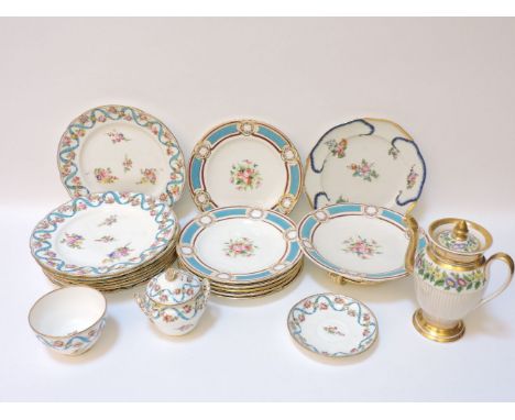 A Minton part dessert service, seven pieces, poor condition, eight further china dinner plates, sucrier, stand and bowl, Sevr