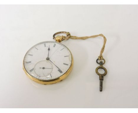 A gold open faced pocket watch, with white enamel dial, Roman numerals and subsidiary seconds dial, dial heavily damaged, tes