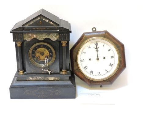 A Victorian black slate mantel clock, 31.5cm wide and an octagonal wall clock, 28cm wide