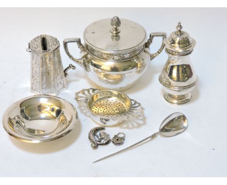 A continental white metal octagonal and tapering money box (A/F), a sucrier stamped 800, a small sterling silver dish, a pepp
