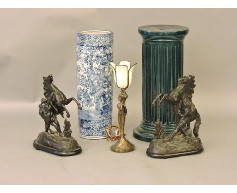 A pair of spelter Marly horses, 44cm high, a reproduction resin figural desk lamp, an Asian pottery stick stand and a jardini