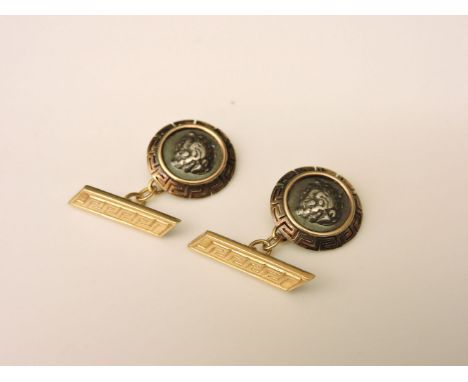 A pair of gold classical design cufflinks, 7.1g, tested as approximately 18ct gold and silver