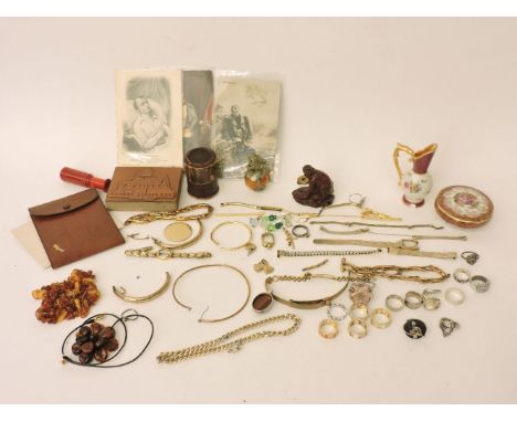 A collection of costume jewellery, to include a single row of amber freeform beads, needs re-stringing, an Indian white metal