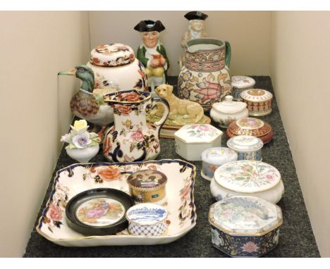 Porcelain trinket boxes, Masons Mandalay jug, ginger jar and dish, a charlotte Rhead jug, and two Tony wood character jugs