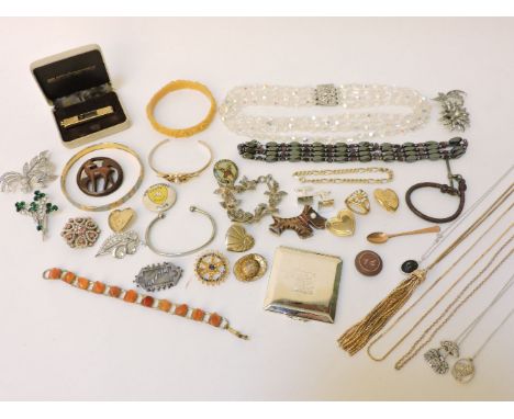 A box of costume jewellery, including beaded necklaces, cufflinks and bangles