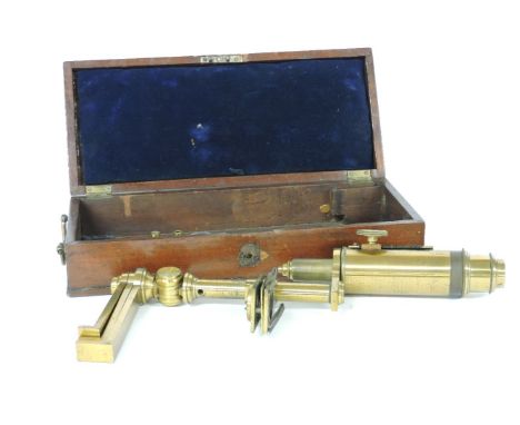 A lacquered brass microscope, on a retractable tripod stand, reflector, eye pieces, etc, in a fitted case, 38cm wide