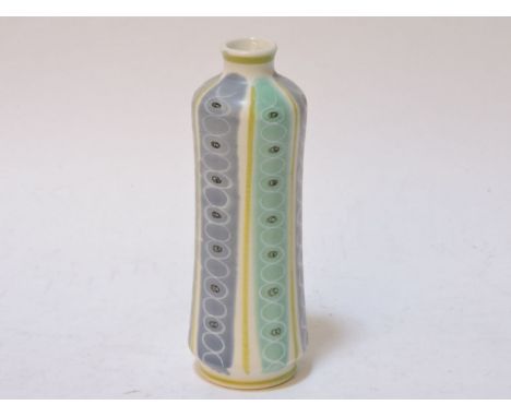 A Poole pottery free form cylindrical waisted vase, stamped 705, inscribed PLT, 14cm high