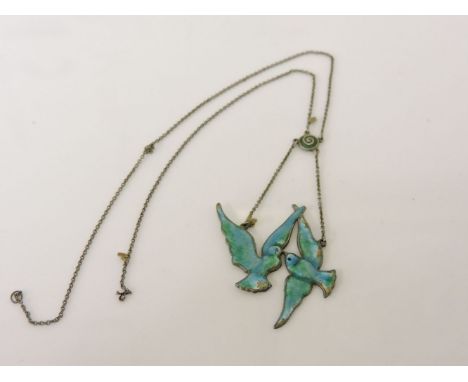 A silver Charles Horner blue and green enamel Love Bird centrepiece necklace, 1911