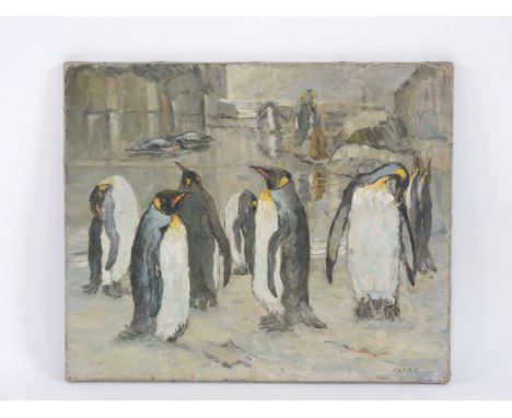 M E PallittPENGUINSSigned l.r., oil on canvas51 x 61cm, unframed