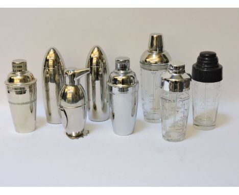 A collection of eight cocktail shakers, retro and vintage, 26cm highest