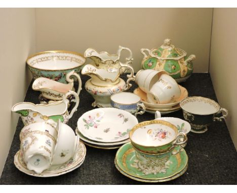 Ten Copeland & Garrett tea cups and saucers, four cream jugs, sucrier and slop bowl