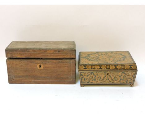 A Regency penwork table casket, adorned with flowers, lacking two back feet, 19cm wide, and a French tea caddy, inlaid thé, 2