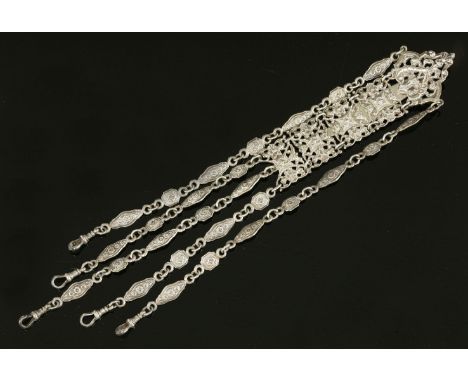 A Victorian sterling silver rococo-style châtelaine,  HBwith pierced plaques joined by pairs of jump rings, five plaque link 