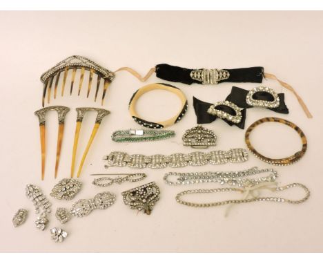 A collection of paste costume jewellery, to include a pair of Belle Epoque hair combs, stone deficient, a plastic tortoiseshe