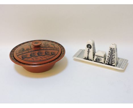 Royal Worcester Crown ware tureen and cover, printed with fish, swans and castles, by Scottie Wilson, 23cm diameter, and a th