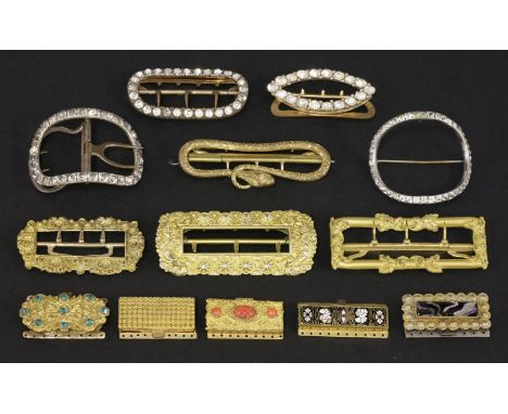 A collection of thirteen antique buckles and clasps,  HBto include a rococo silver gilt buckle, four Georgian paste buckles, 