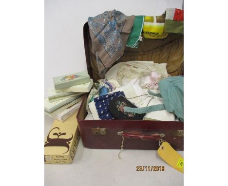 A vintage Liberty silk scarf, a Jacqumar scarf and a selection of early to mid 20th century linen and lace, together with vin