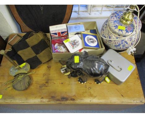 A vintage lot to include two suede handbags, commemorative items, newspapers, circa 1970s, a lamp and an ebonized elephant or