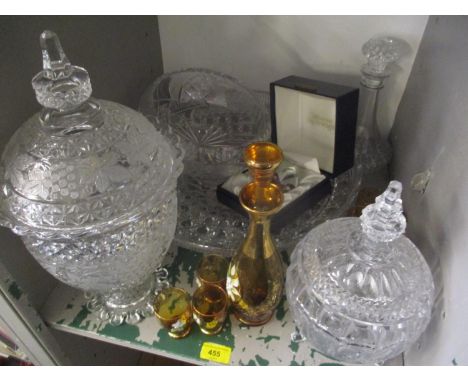 Mixed glassware to include a Bohemian decanter set, large cut glass bowl, Caithness Moonflower paperweight and other items 