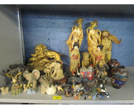 A mixed lot of dolls, ornaments and other items to include a pair of Chinese cloisonne enamel vases, Japanese dolls, gilt met